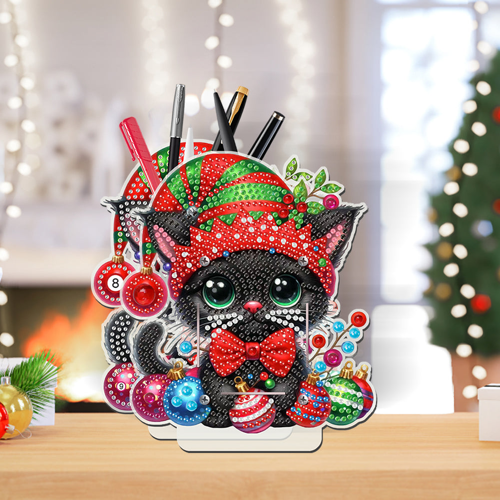 Acrylic Special Shape Double Side Xmas Black Cat Diamond Painting Pencil Holder