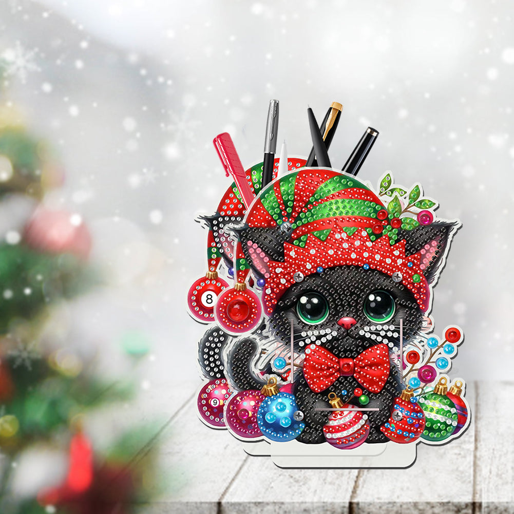 Acrylic Special Shape Double Side Xmas Black Cat Diamond Painting Pencil Holder