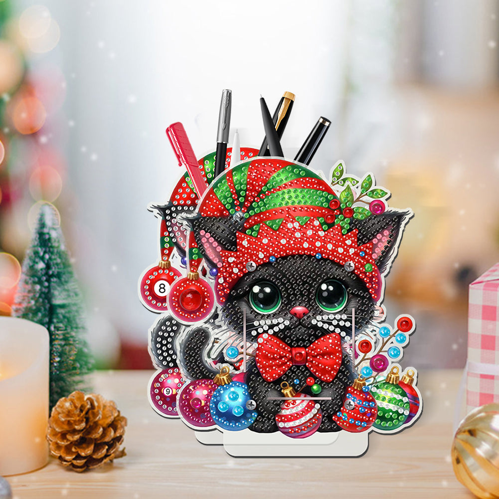 Acrylic Special Shape Double Side Xmas Black Cat Diamond Painting Pencil Holder