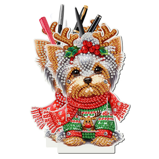 Acrylic Special Shape Double Side Christmas Dog Diamond Painting Pencil Holder