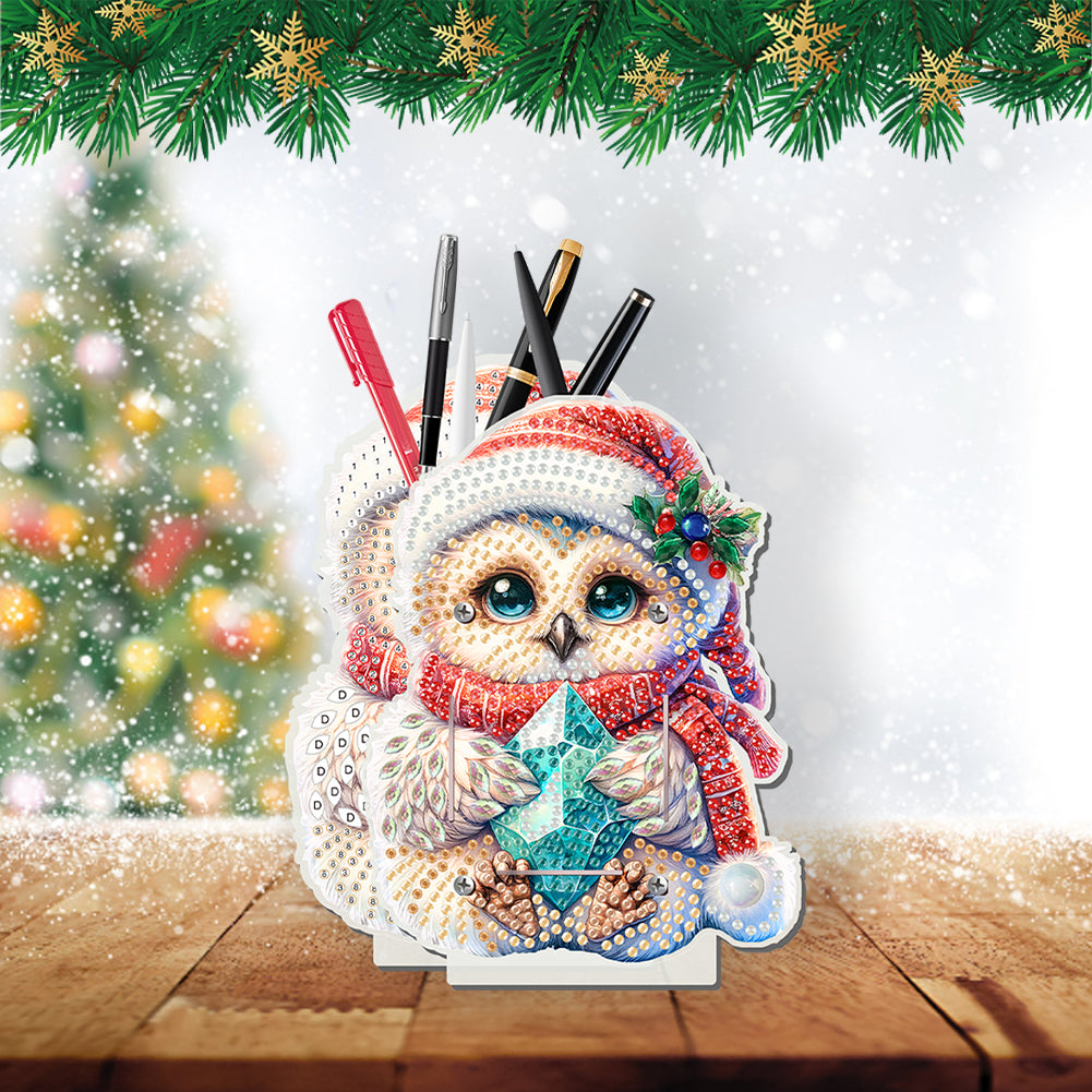 Acrylic Special Shape Double Side Christmas Owl Diamond Painting Pencil Holder