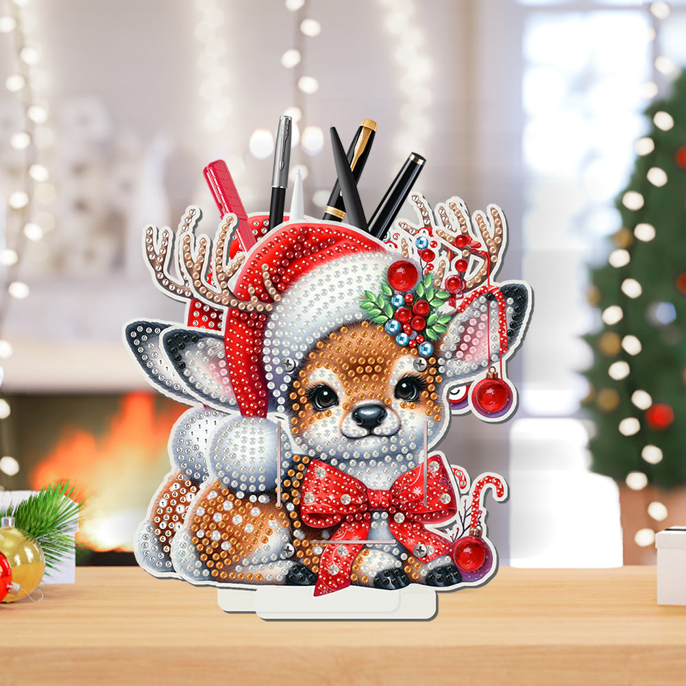 Acrylic Special Shape Double Side Christmas Elk Diamond Painting Pencil Holder