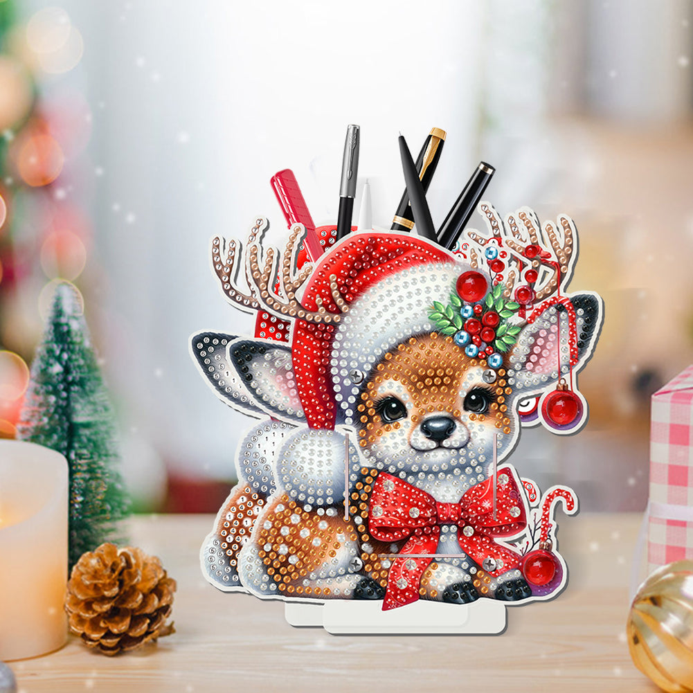 Acrylic Special Shape Double Side Christmas Elk Diamond Painting Pencil Holder