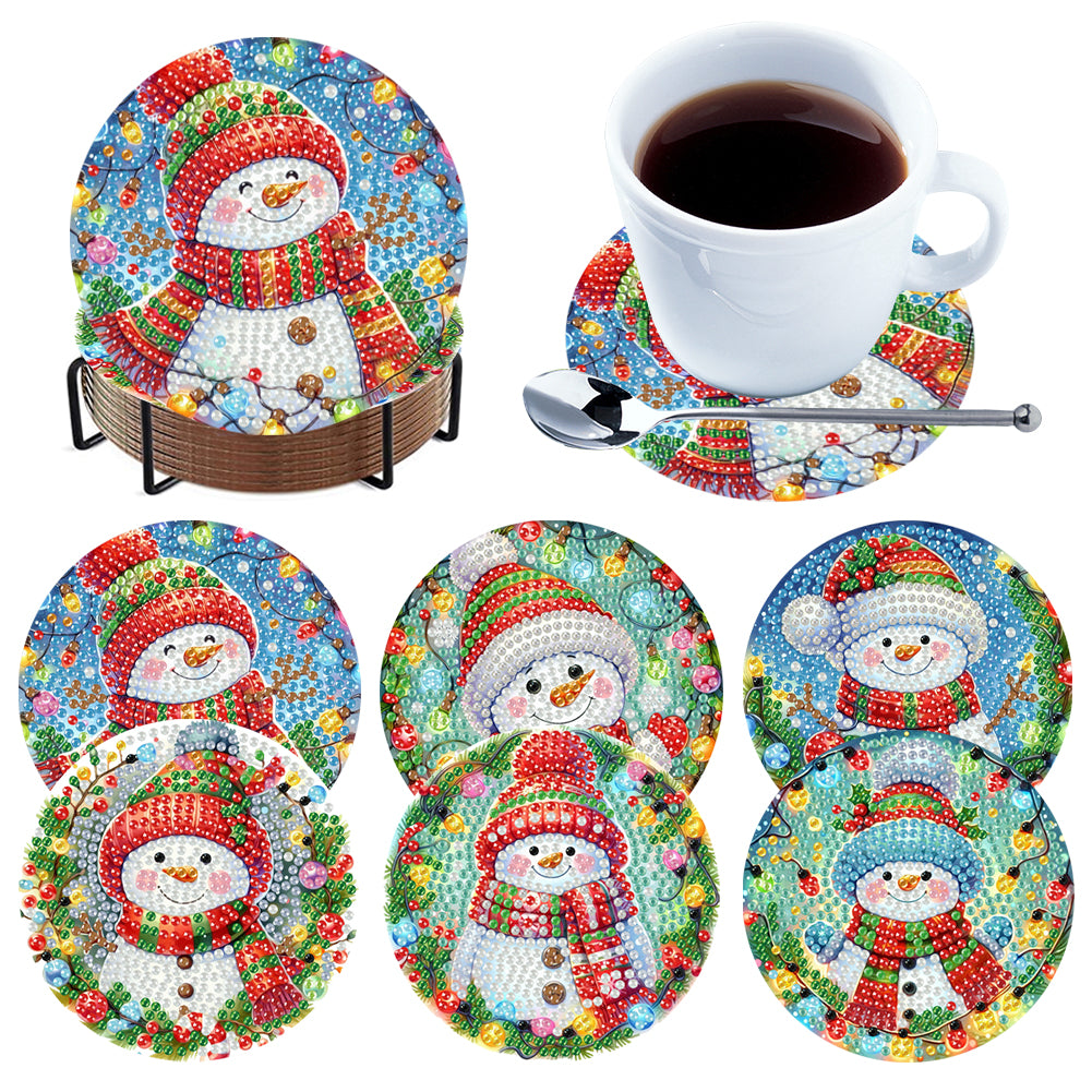 6Pcs Wooden Christmas Snowman DIY Diamond Painting Coaster for Dining Table