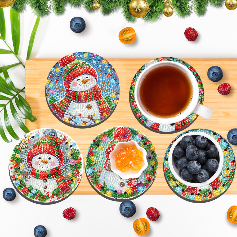 6Pcs Wooden Christmas Snowman DIY Diamond Painting Coaster for Dining Table