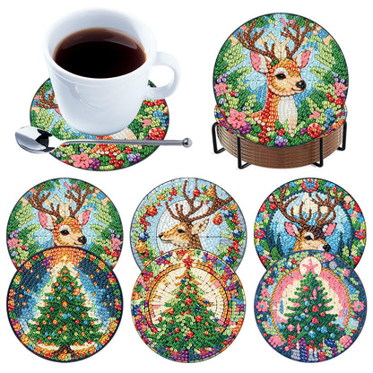 6Pcs Wooden Christmas Tree And Elk DIY Diamond Painting Coaster for Dining Table