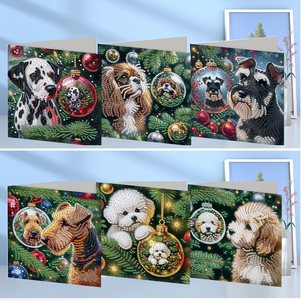 6Pcs Christmas Dogs DIY Diamond Painting Greeting Card for Holiday Party Favors