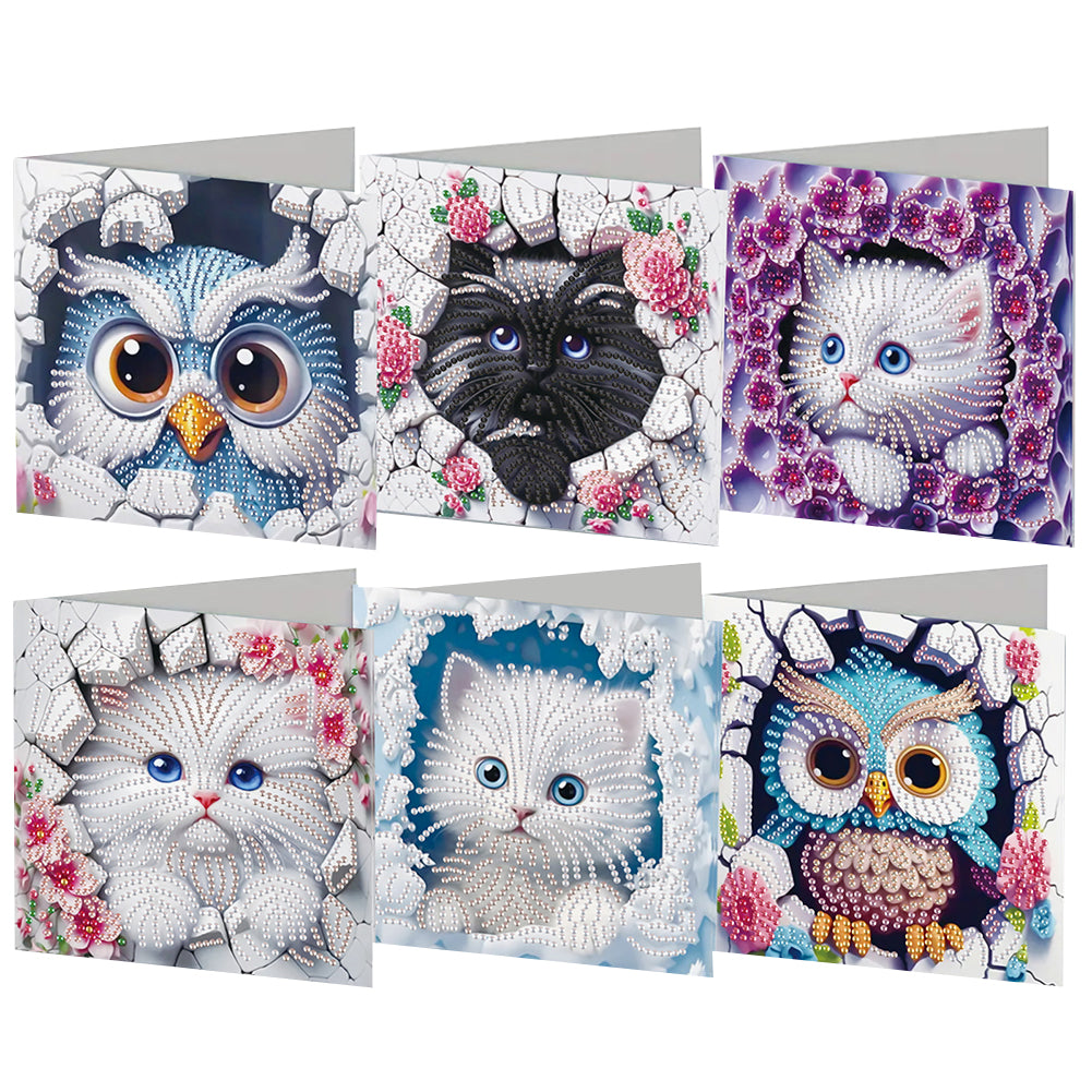 6Pcs Owl Cat DIY Diamond Painting Greeting Card for Holiday Party Favors