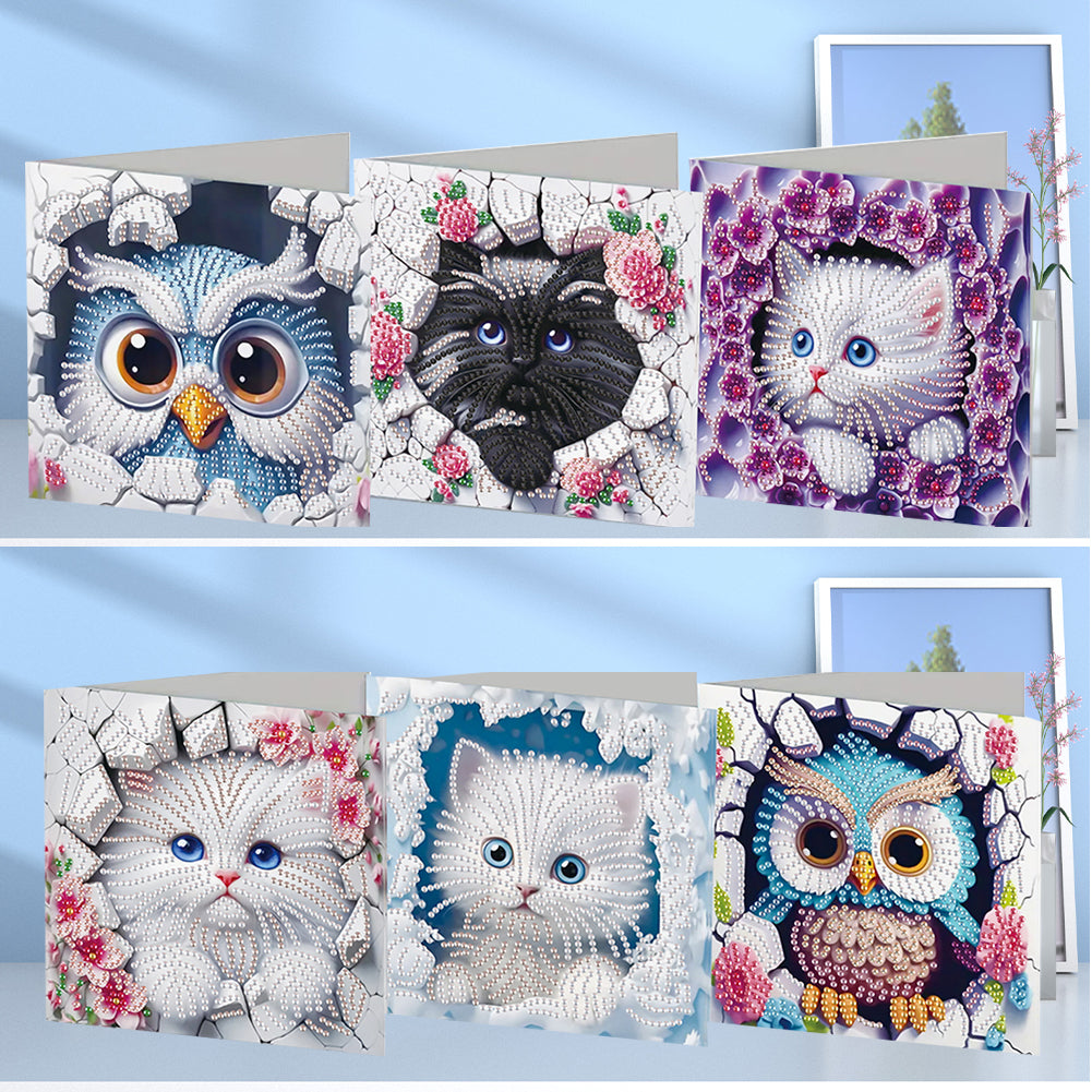 6Pcs Owl Cat DIY Diamond Painting Greeting Card for Holiday Party Favors