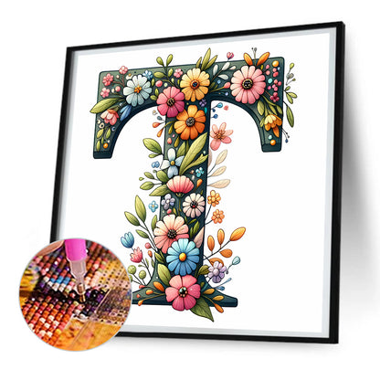 Flower Letter T - Full Round Drill Diamond Painting 30*30CM