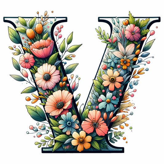 Flower Letter V - Full Round Drill Diamond Painting 30*30CM