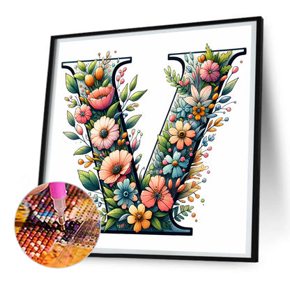 Flower Letter V - Full Round Drill Diamond Painting 30*30CM