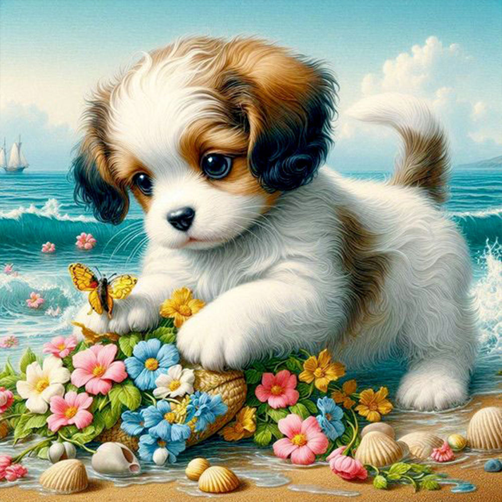 Flowers And Puppy On The Beach - Full Round Drill Diamond Painting 30*30CM