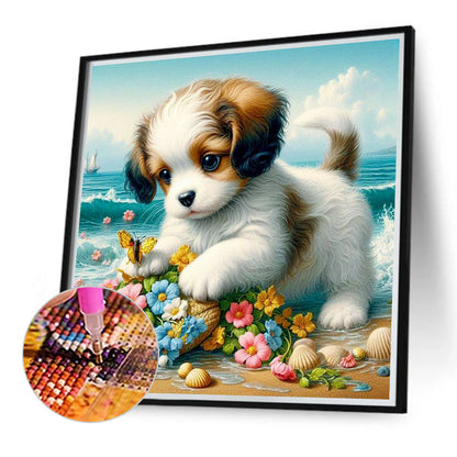 Flowers And Puppy On The Beach - Full Round Drill Diamond Painting 30*30CM