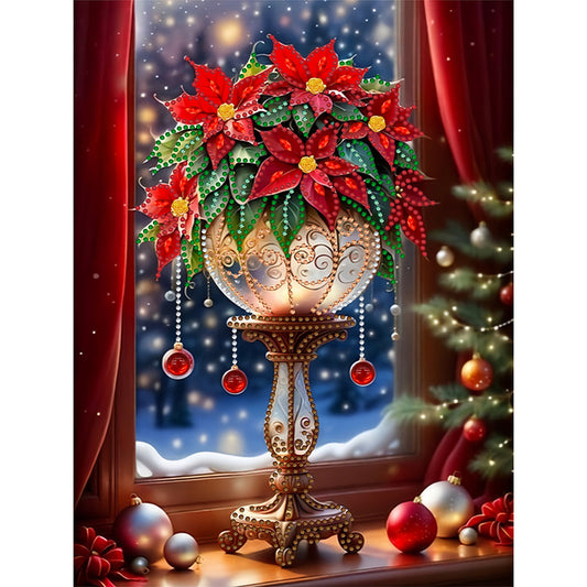 Christmas Atmosphere Windowsill Red Flowers - Partial Special-Shaped Drill Diamond Painting 30*40CM