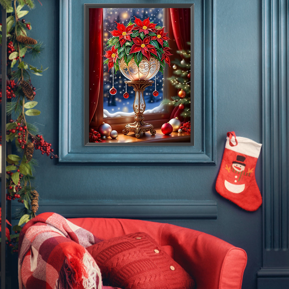 Christmas Atmosphere Windowsill Red Flowers - Partial Special-Shaped Drill Diamond Painting 30*40CM