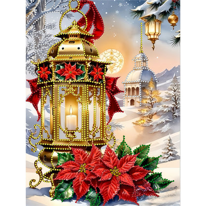 Christmas Atmosphere Street Lights Red Flowers - Partial Special-Shaped Drill Diamond Painting 30*40CM