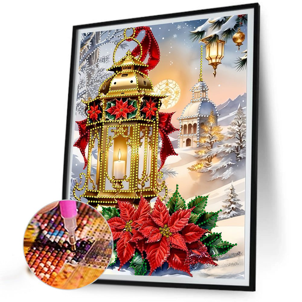 Christmas Atmosphere Street Lights Red Flowers - Partial Special-Shaped Drill Diamond Painting 30*40CM