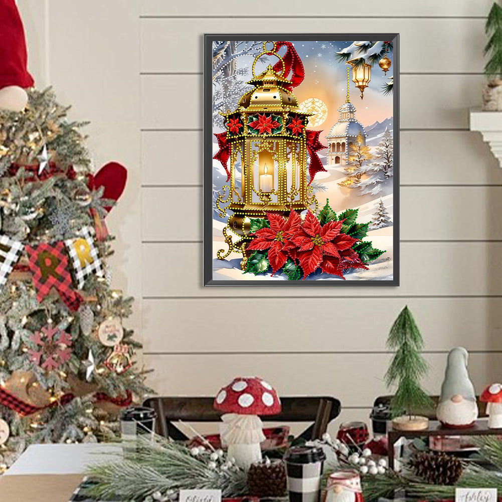 Christmas Atmosphere Street Lights Red Flowers - Partial Special-Shaped Drill Diamond Painting 30*40CM