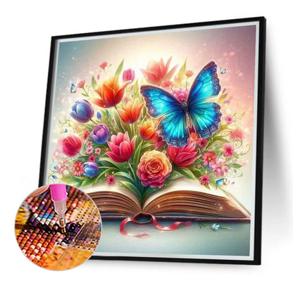 Flowers And Butterflies On The Book - Full Round Drill Diamond Painting 40*40CM