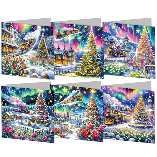 6Pcs Christmas Tree Handmade Diamond Painting Greeting Card for Adults