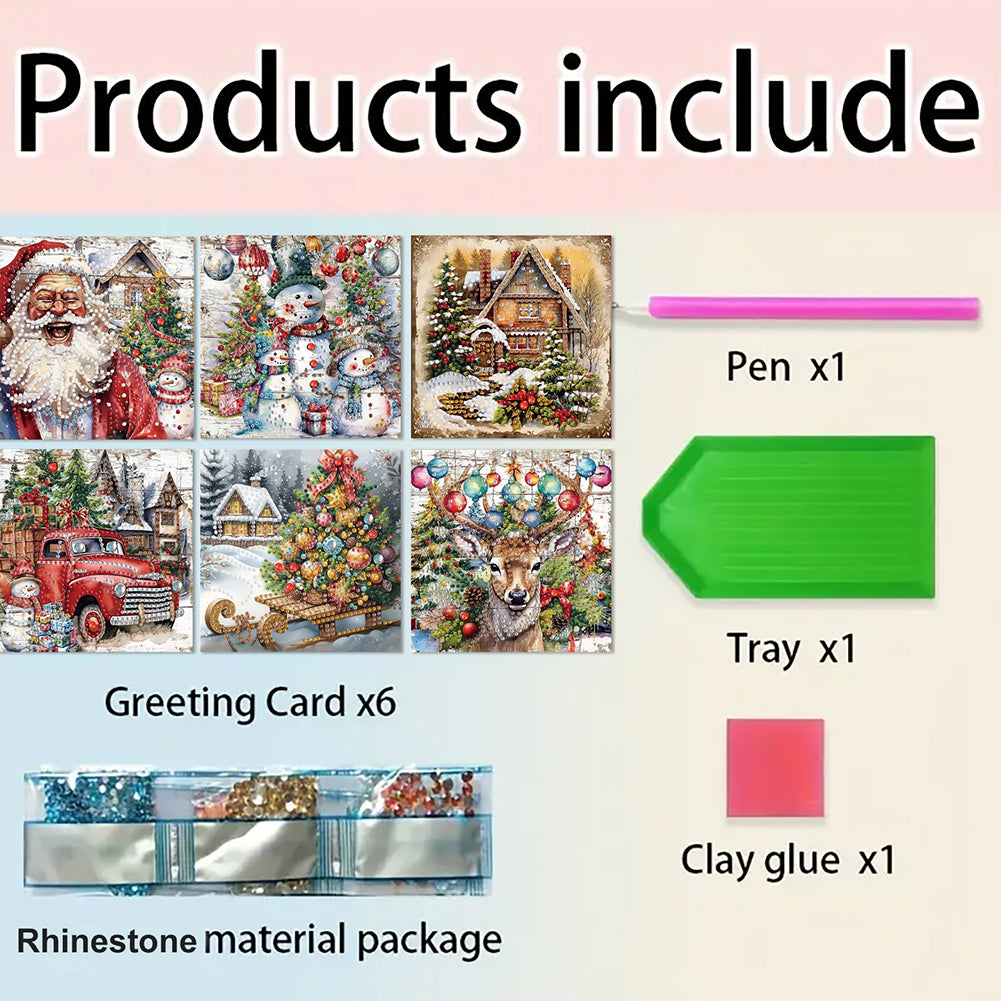 6Pcs Christmas Handmade Diamond Painting Greeting Card for Adults Beginners