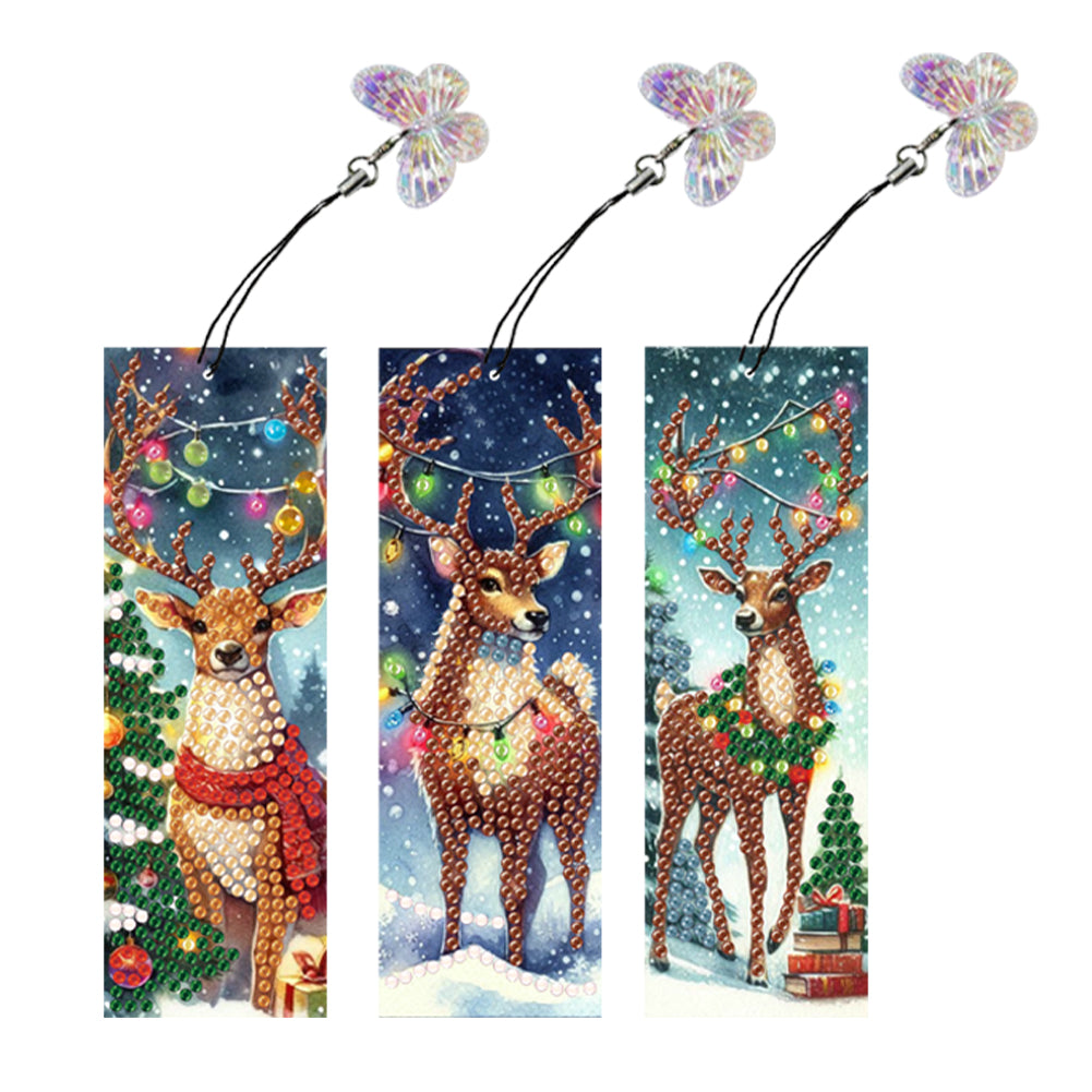 3Pcs Special Shape Christmas Elk Diamond Painting Bookmark with Pendant