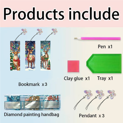 3Pcs Special Shape Christmas Elk Diamond Painting Bookmark with Pendant