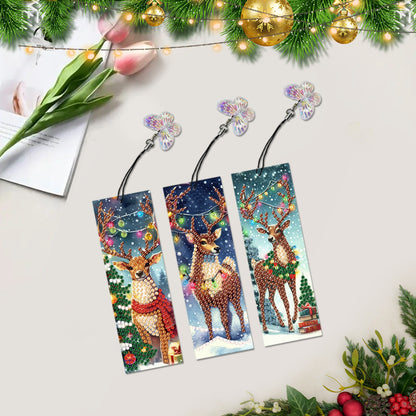 3Pcs Special Shape Christmas Elk Diamond Painting Bookmark with Pendant