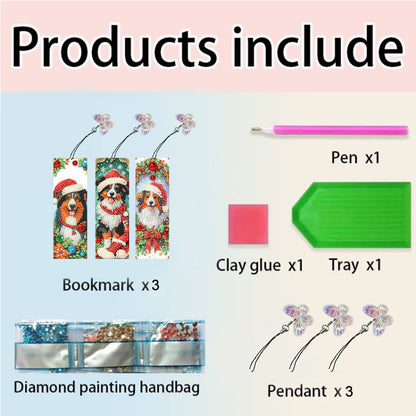 3Pcs Special Shape Christmas Dog Diamond Painting Bookmark with Pendant