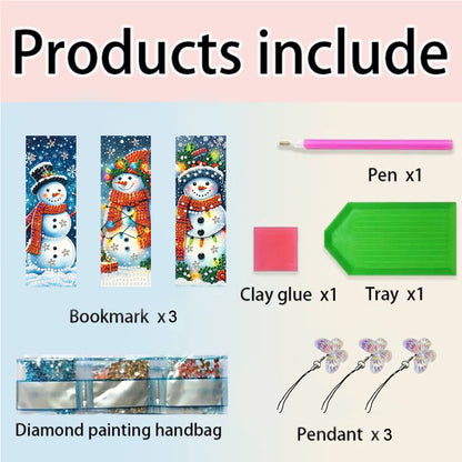 3Pcs Special Shape Christmas Snowman Diamond Painting Bookmark with Pendant