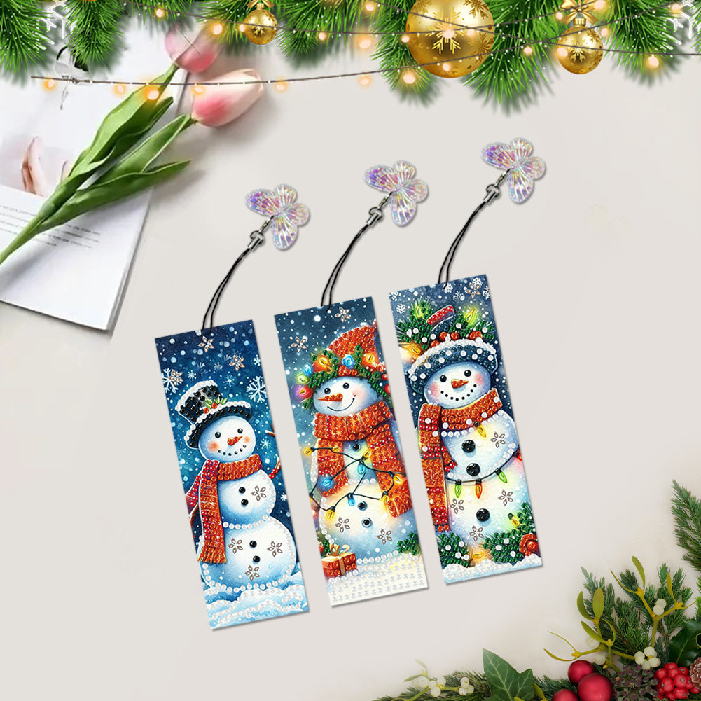 3Pcs Special Shape Christmas Snowman Diamond Painting Bookmark with Pendant