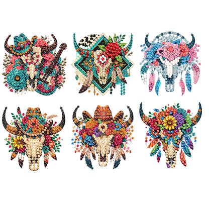 6Pcs Acrylic Cow Skull Diamond Painting Art Fridge Magnet for Adults Beginners