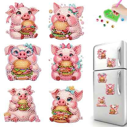 6Pcs Acrylic Hamburger Pig Diamond Painting Art Fridge Magnet for Adults