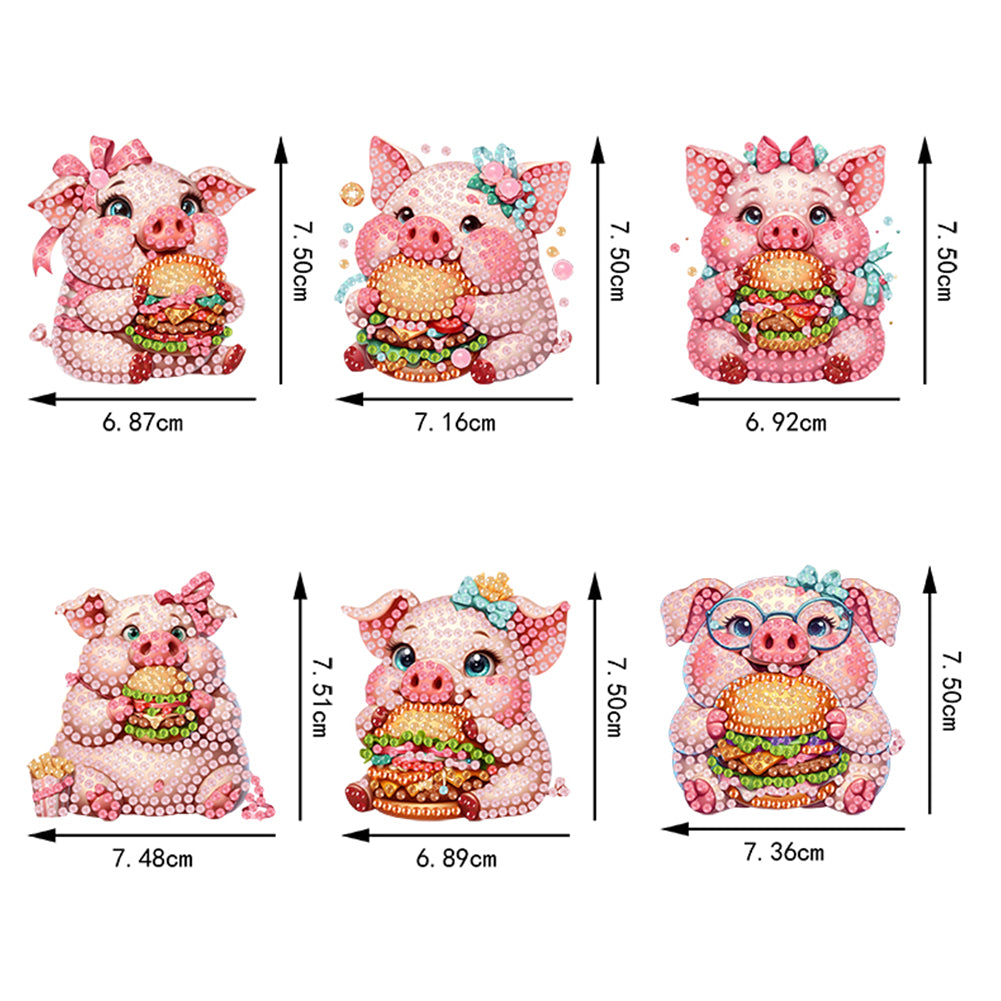 6Pcs Acrylic Hamburger Pig Diamond Painting Art Fridge Magnet for Adults