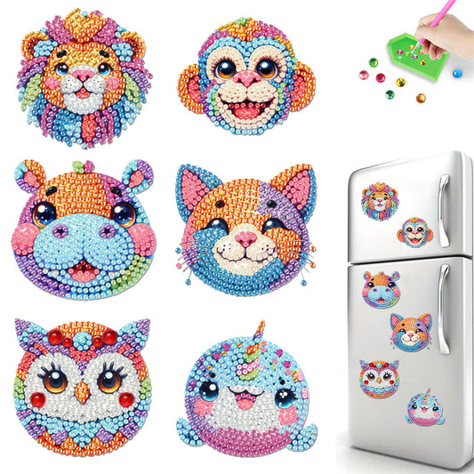 6Pcs Acrylic Animal Head Diamond Painting Art Fridge Magnet for Adults Beginners