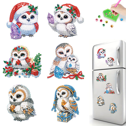 6Pcs Acrylic Christmas Owl Diamond Painting Art Fridge Magnet for Adults