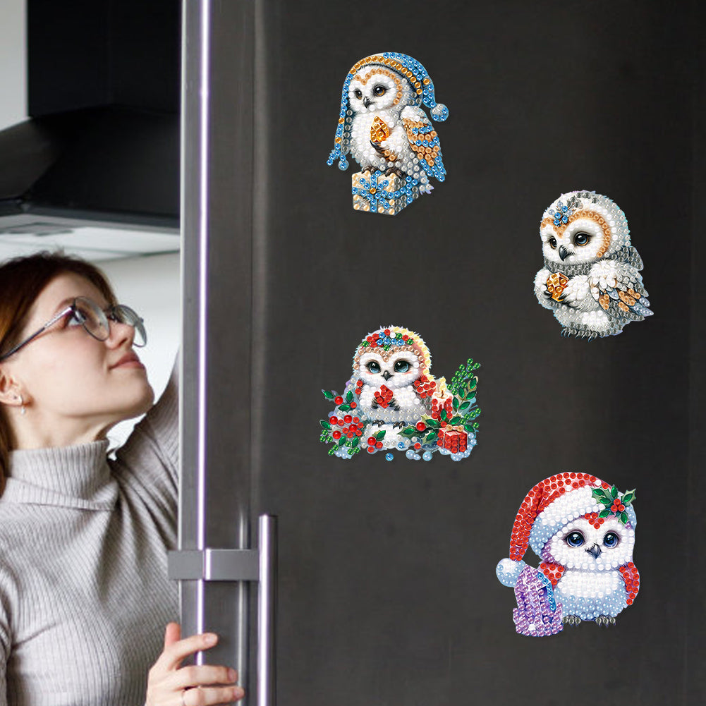 6Pcs Acrylic Christmas Owl Diamond Painting Art Fridge Magnet for Adults