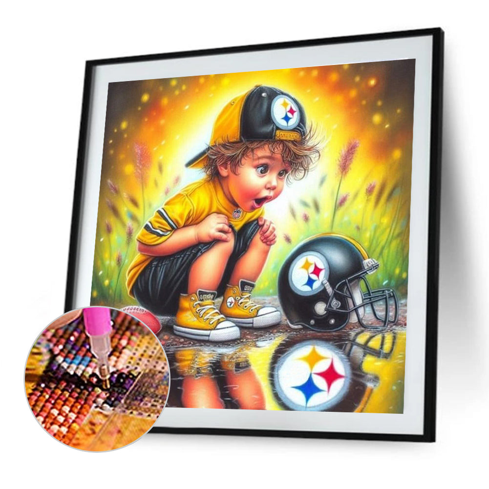 Boy With Pittsburgh Steelers Helmet - Full Round Drill Diamond Painting 40*40CM