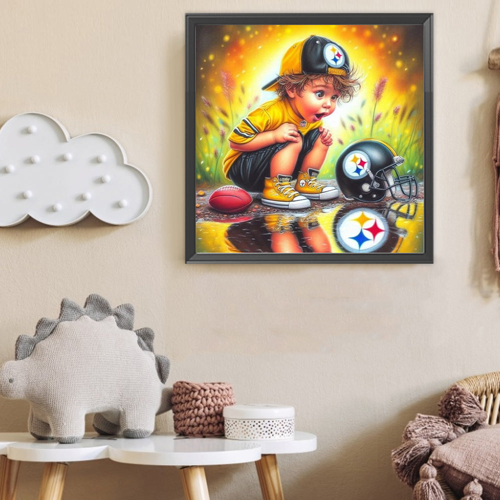 Boy With Pittsburgh Steelers Helmet - Full Round Drill Diamond Painting 40*40CM