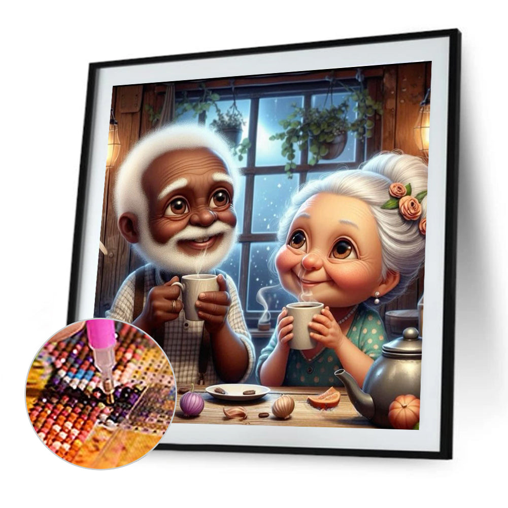 Grandpa And Grandma Drinking Hot Drinks - Full Round Drill Diamond Painting 40*40CM