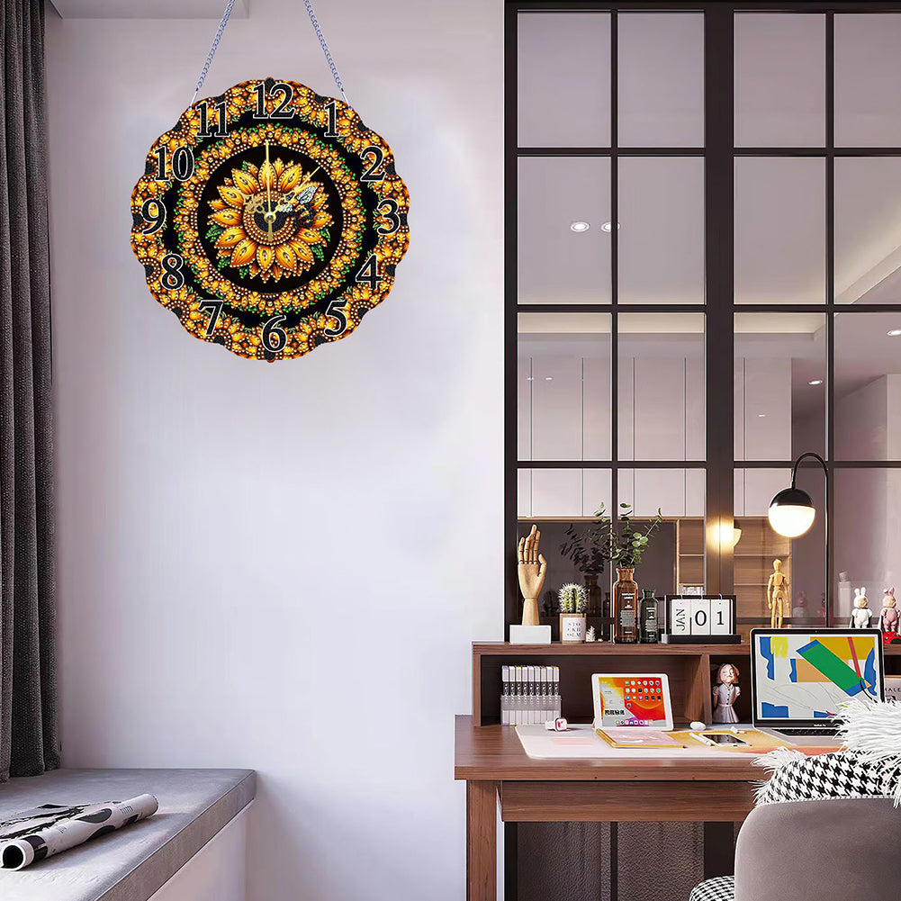 Special Shape Sunflower Bee DIY Diamond Painting Hanging Clock for Home Decor
