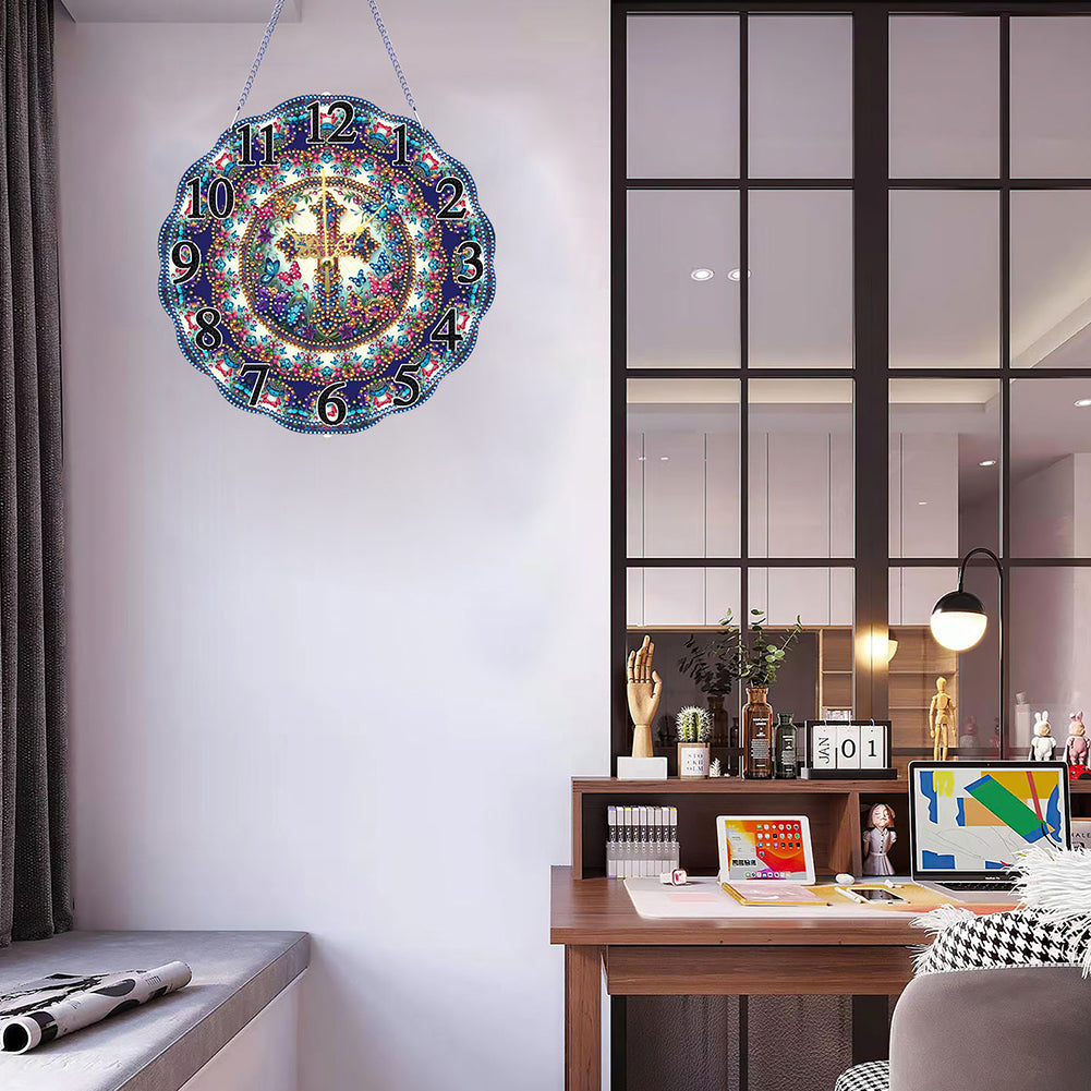 Special Shape Cross DIY Diamond Painting Hanging Clock for Home Decoration