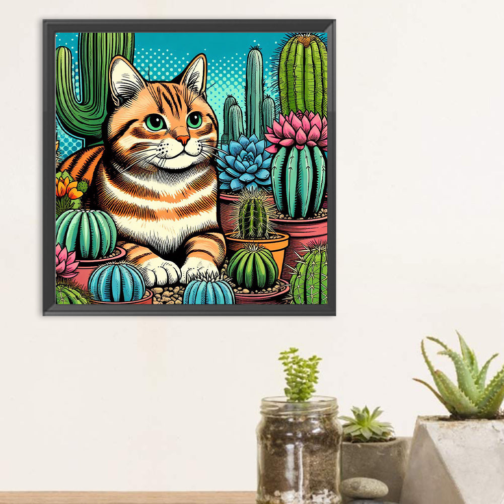 Cactus Cat - Full Round Drill Diamond Painting 40*40CM