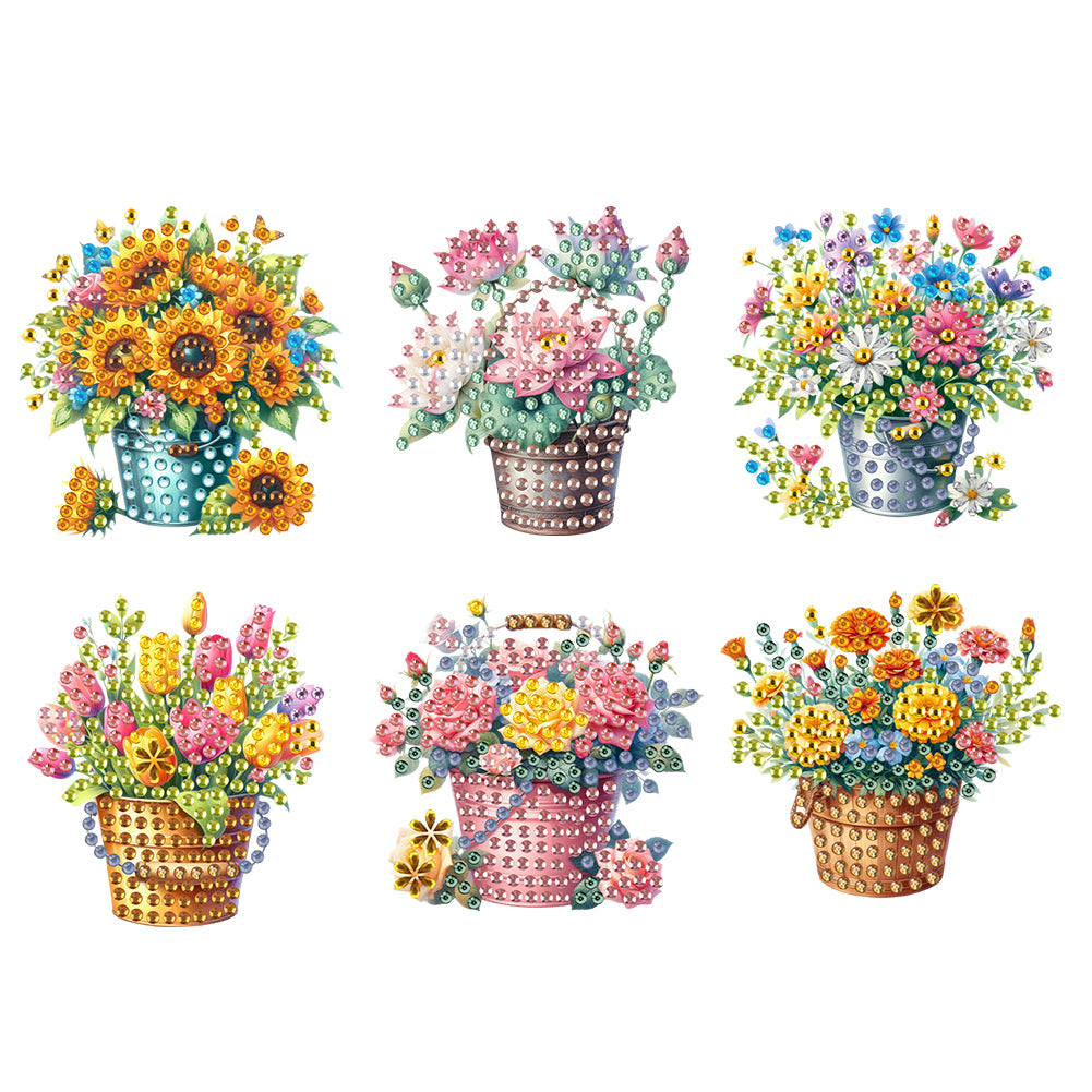 6Pcs Acrylic Flower Bucket Diamond Art Fridge Magnet for Car Mailbox Decor