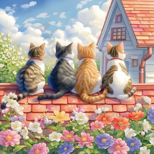 House Four Cats Background - Full Round Drill Diamond Painting 30*30CM