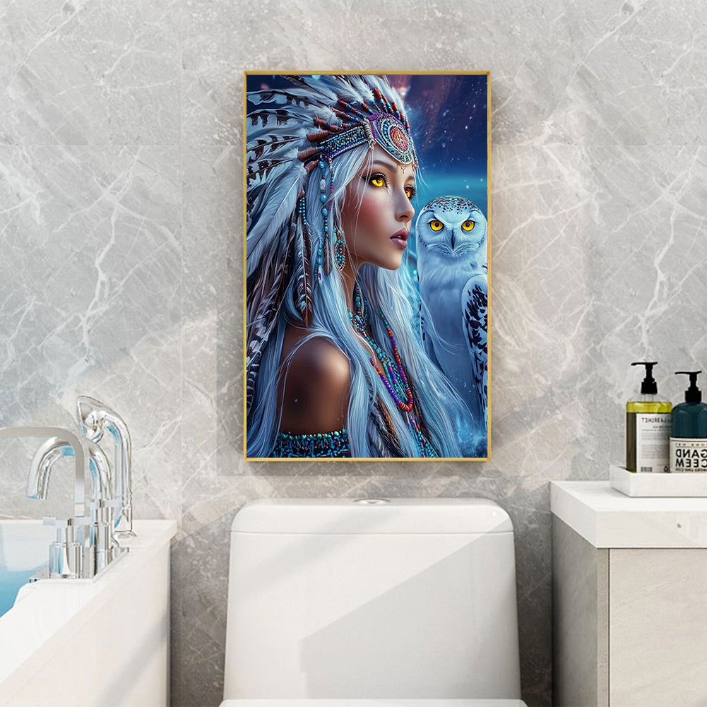 Indian Woman White Owl - Full Round Drill Diamond Painting 40*60CM