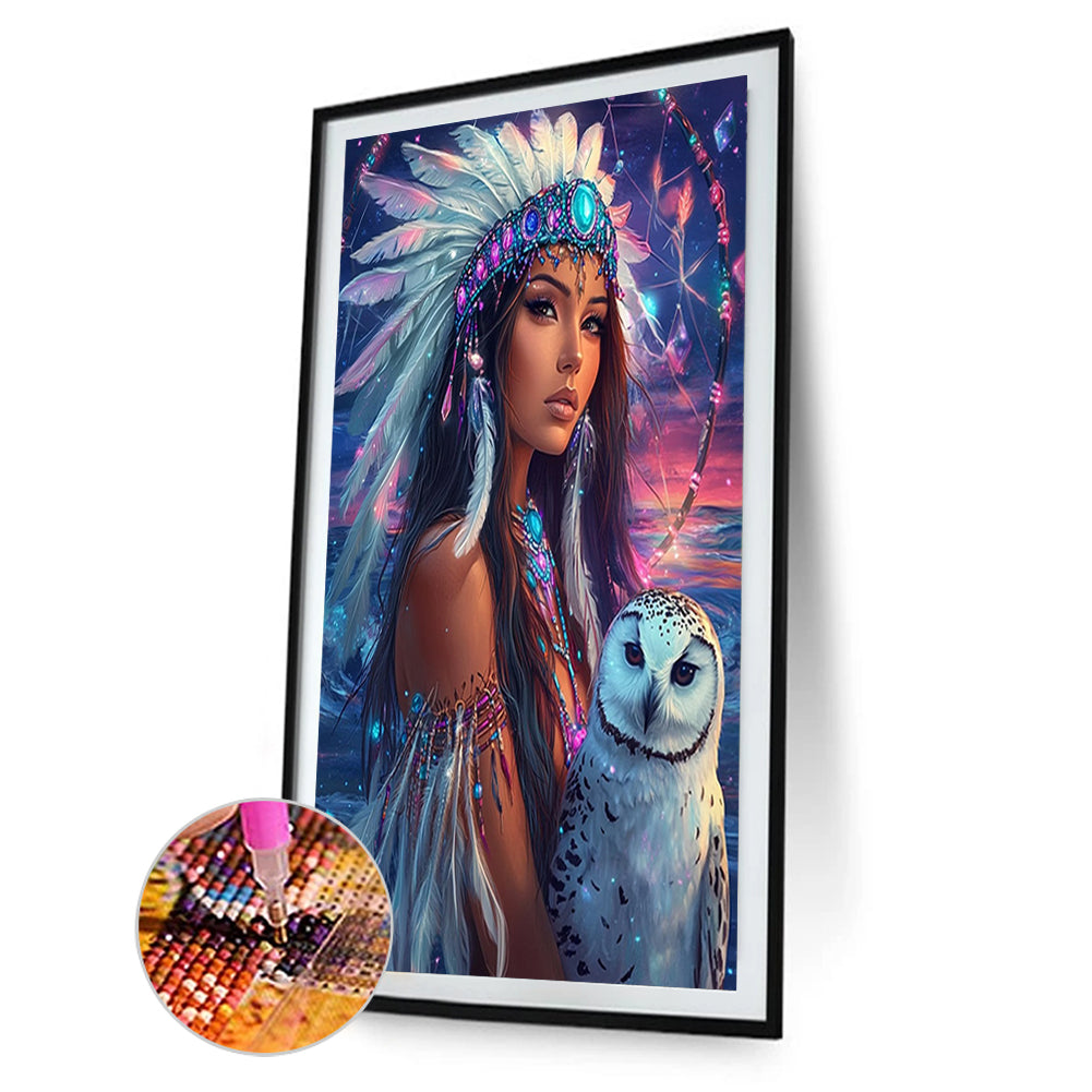 Indian Woman White Owl - Full Round Drill Diamond Painting 40*60CM