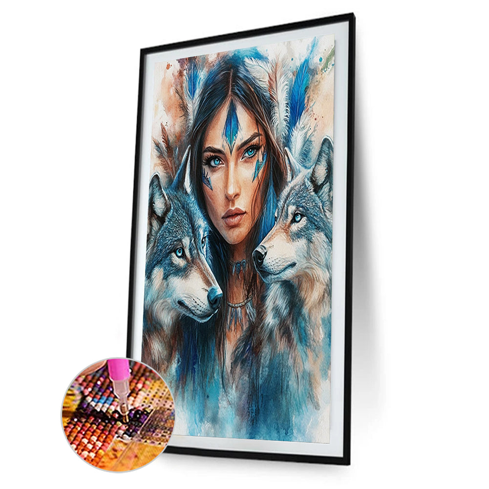 Indian Woman Double Wolf - Full Round Drill Diamond Painting 40*60CM