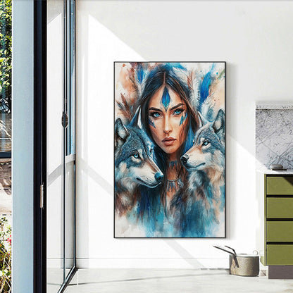 Indian Woman Double Wolf - Full Round Drill Diamond Painting 40*60CM